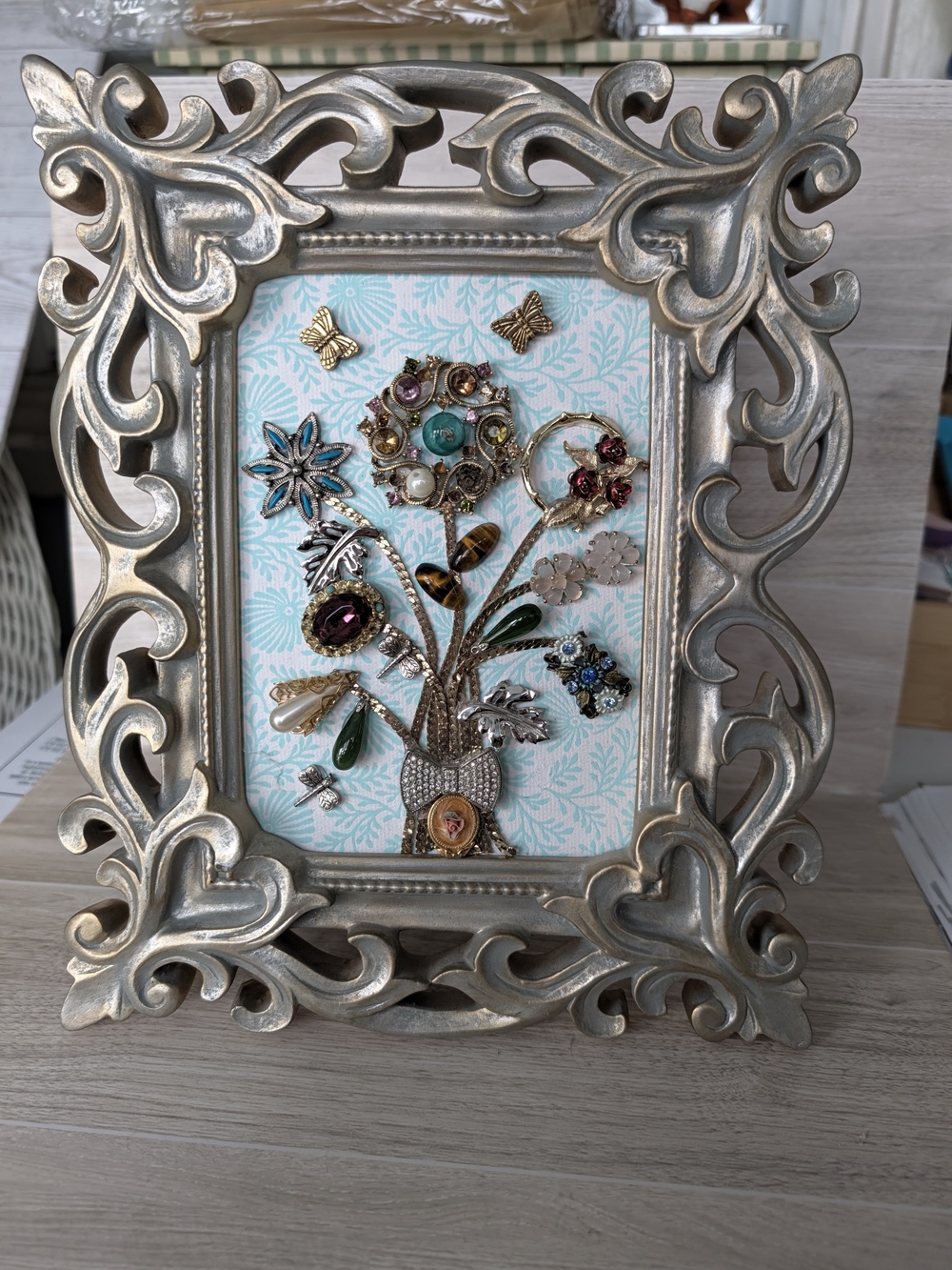 Handcrafted Bejeweled Floral Art Piece – Repurposed Vintage Jewelry Assemblage